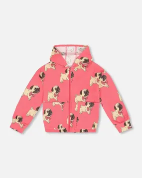 Fleece Hooded Cardigan Magenta Printed Pug