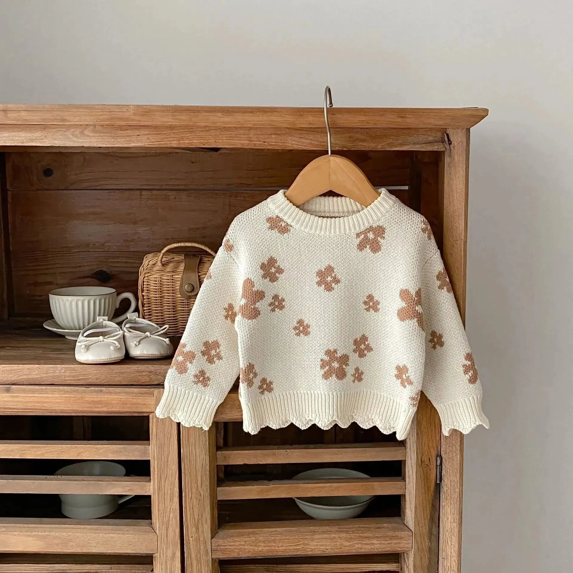 Floral Frill Detail Beige Crew Neck Jumper