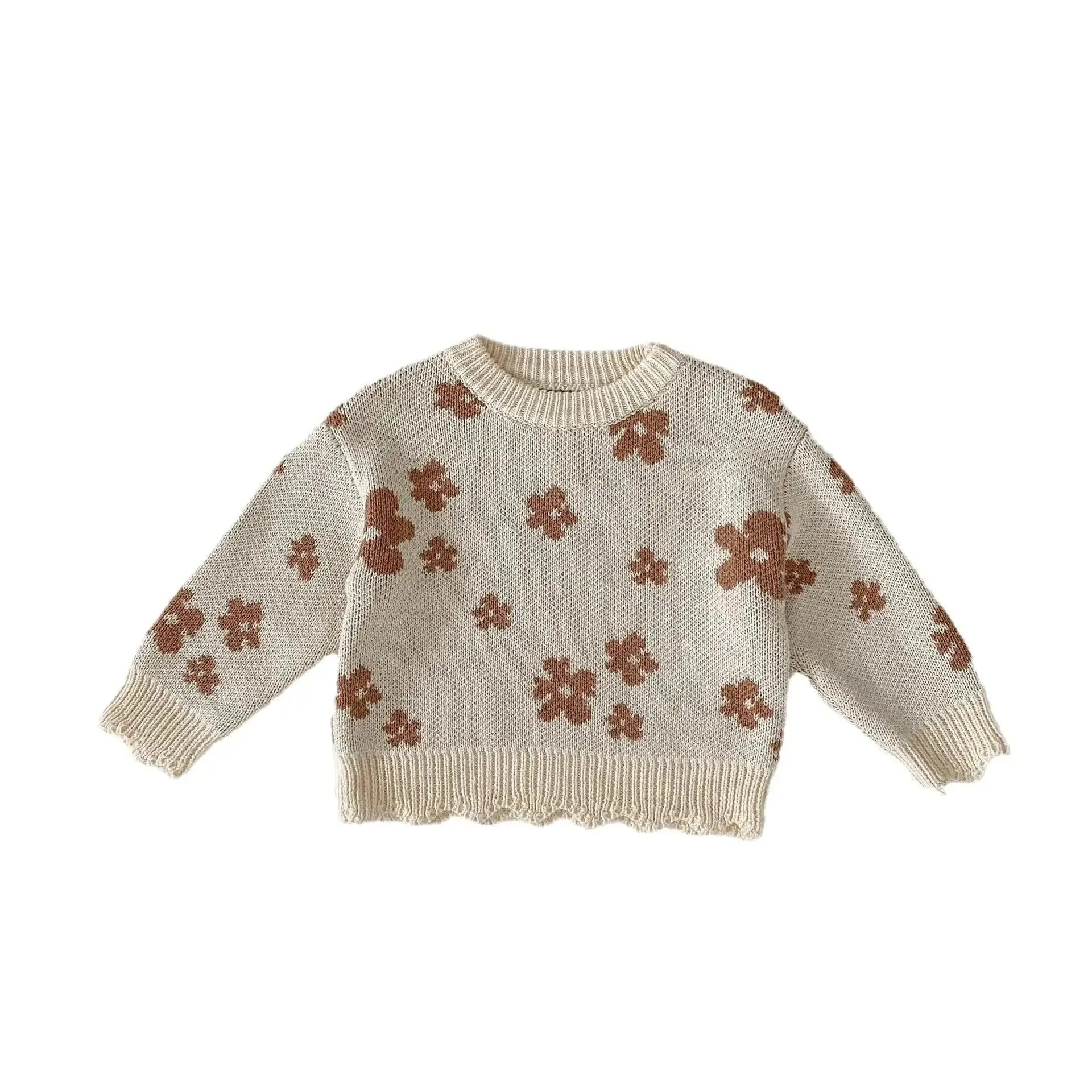 Floral Frill Detail Beige Crew Neck Jumper