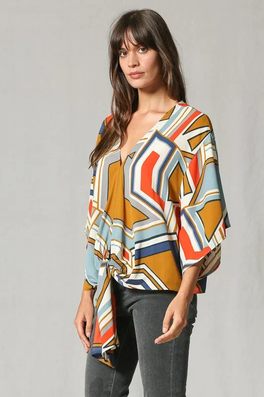 Geometric Print V Neck Blouse