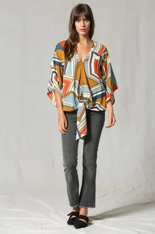 Geometric Print V Neck Blouse