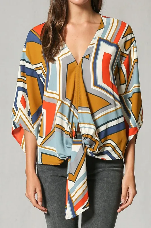 Geometric Print V Neck Blouse