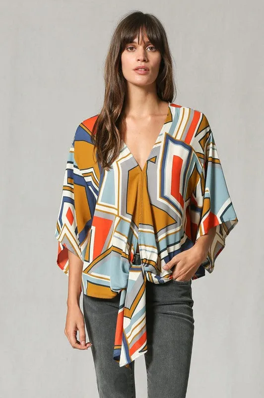 Geometric Print V Neck Blouse