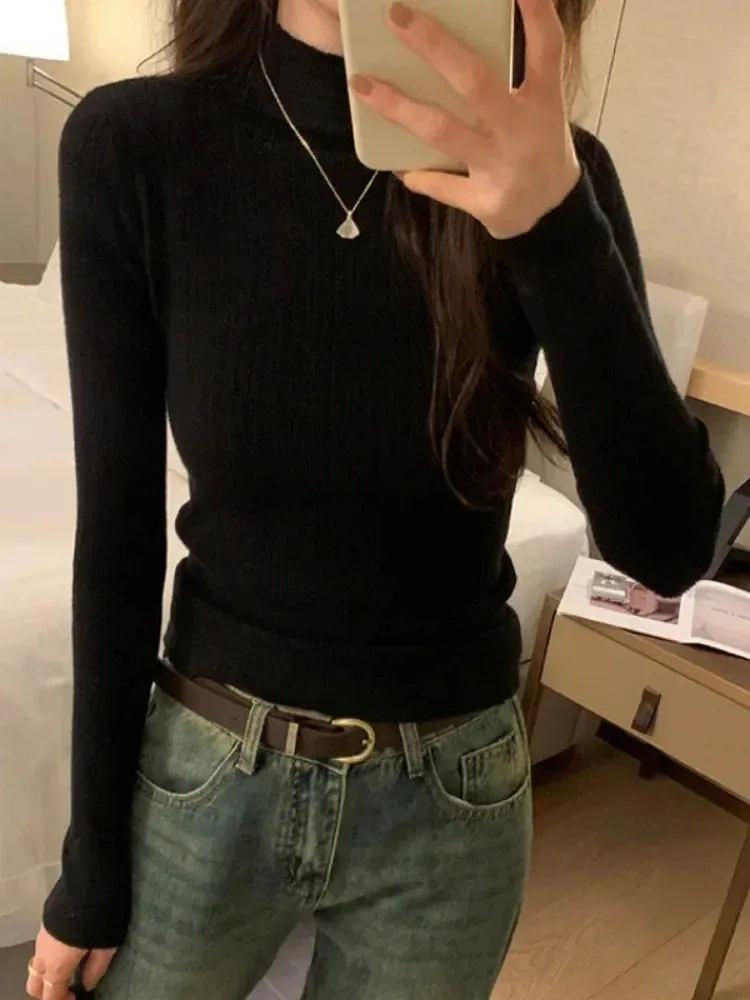 Girlary Basic Turtleneck Crop Sweater Women Casual Knitted Pullover Solid Color Jumper Long Sleeve Tops Slim Bottoming Shirt