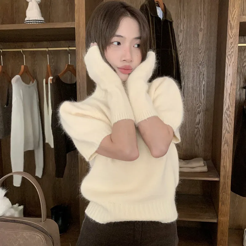 Girlary-shop fall brunch outfit Korean Style Gentle Sweet Soft Glutinous Rabbit Fur Knitted Blended Half Turtleneck Puff Sleeve with Oversleeves Chic Sweater