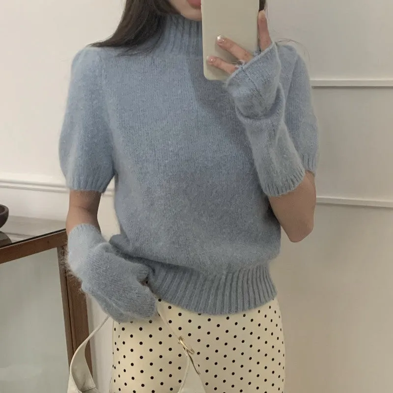 Girlary-shop fall brunch outfit Korean Style Gentle Sweet Soft Glutinous Rabbit Fur Knitted Blended Half Turtleneck Puff Sleeve with Oversleeves Chic Sweater