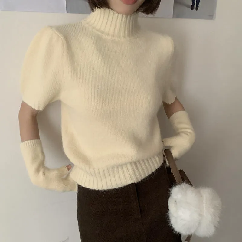 Girlary-shop fall brunch outfit Korean Style Gentle Sweet Soft Glutinous Rabbit Fur Knitted Blended Half Turtleneck Puff Sleeve with Oversleeves Chic Sweater