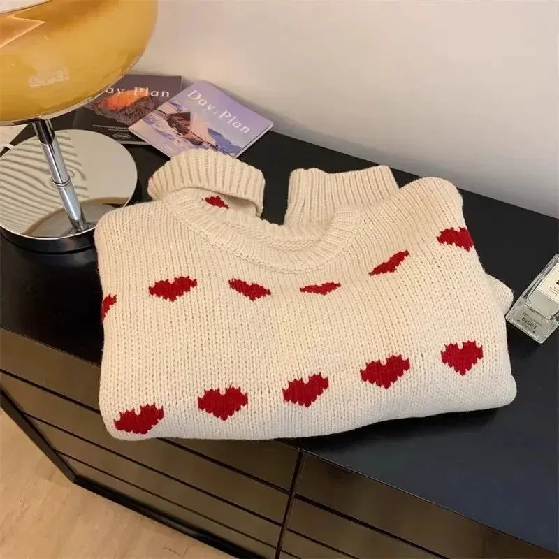 Girlary White Kawaii Women Sweater Harajuku Heart Korean Fashion Long Sleeve Knitted Pullovers Loose Autumn Winter Sweet Casual