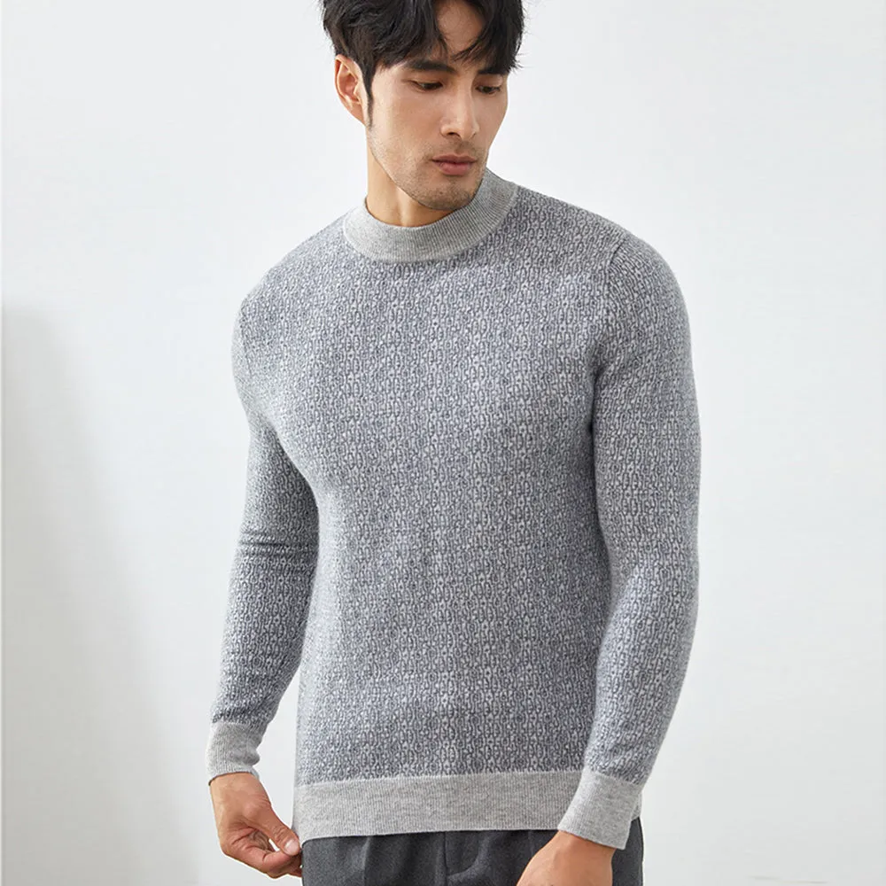 Men's Contrasted Geometric Jacquard 100% Cashmere Mock Neck Sweater