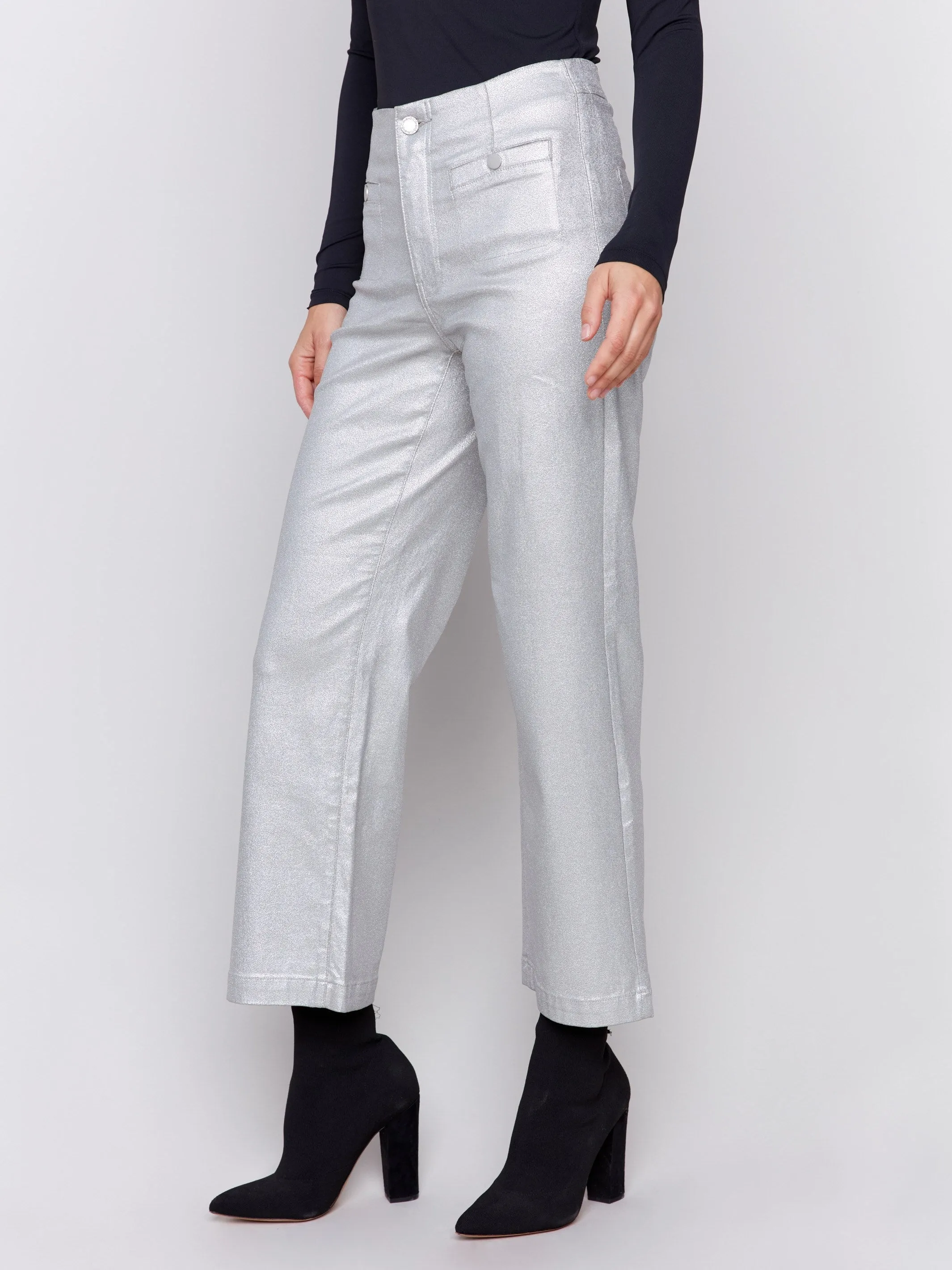 Metallic Wax Flared Pants - Silver