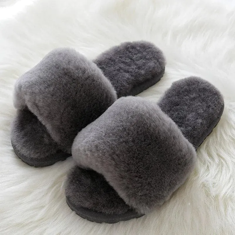 Natural Sheepskin Winter Slippers - Genuine Fur, Flat Heel, Indoor Shoes