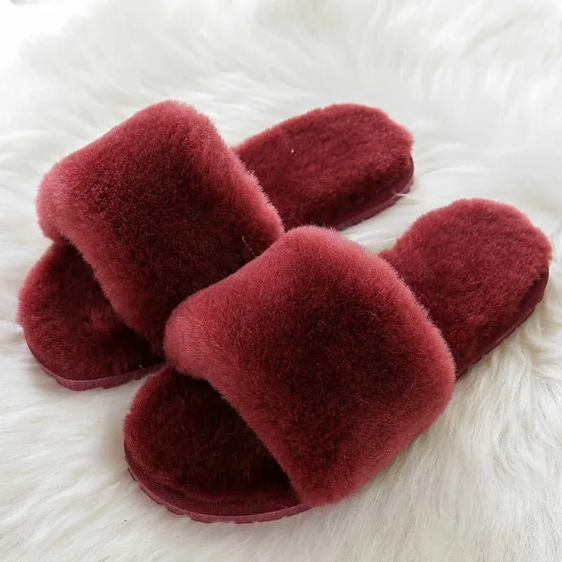 Natural Sheepskin Winter Slippers - Genuine Fur, Flat Heel, Indoor Shoes