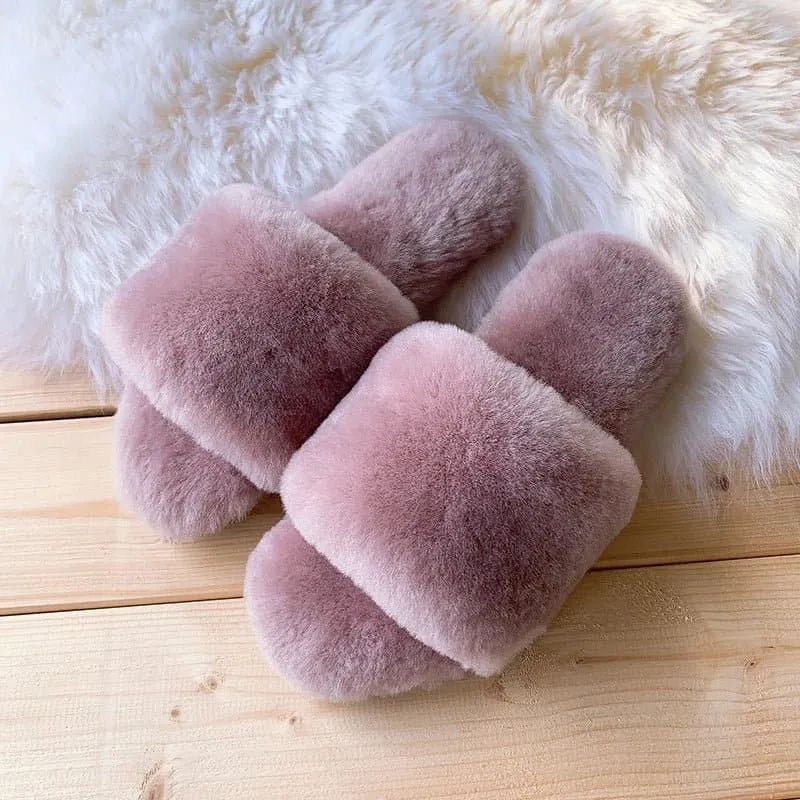 Natural Sheepskin Winter Slippers - Genuine Fur, Flat Heel, Indoor Shoes