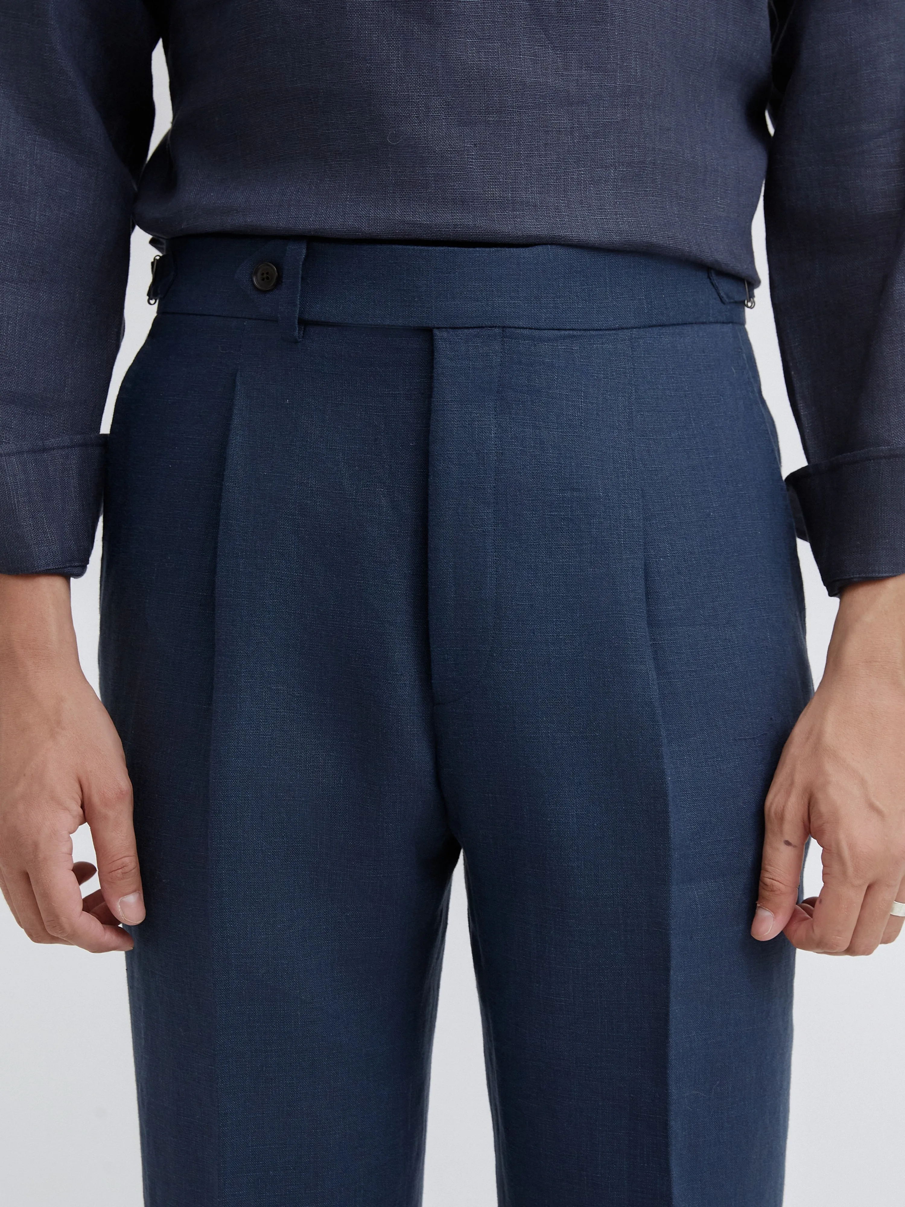 Navy Linen Oscar Trousers (Wide Fit)