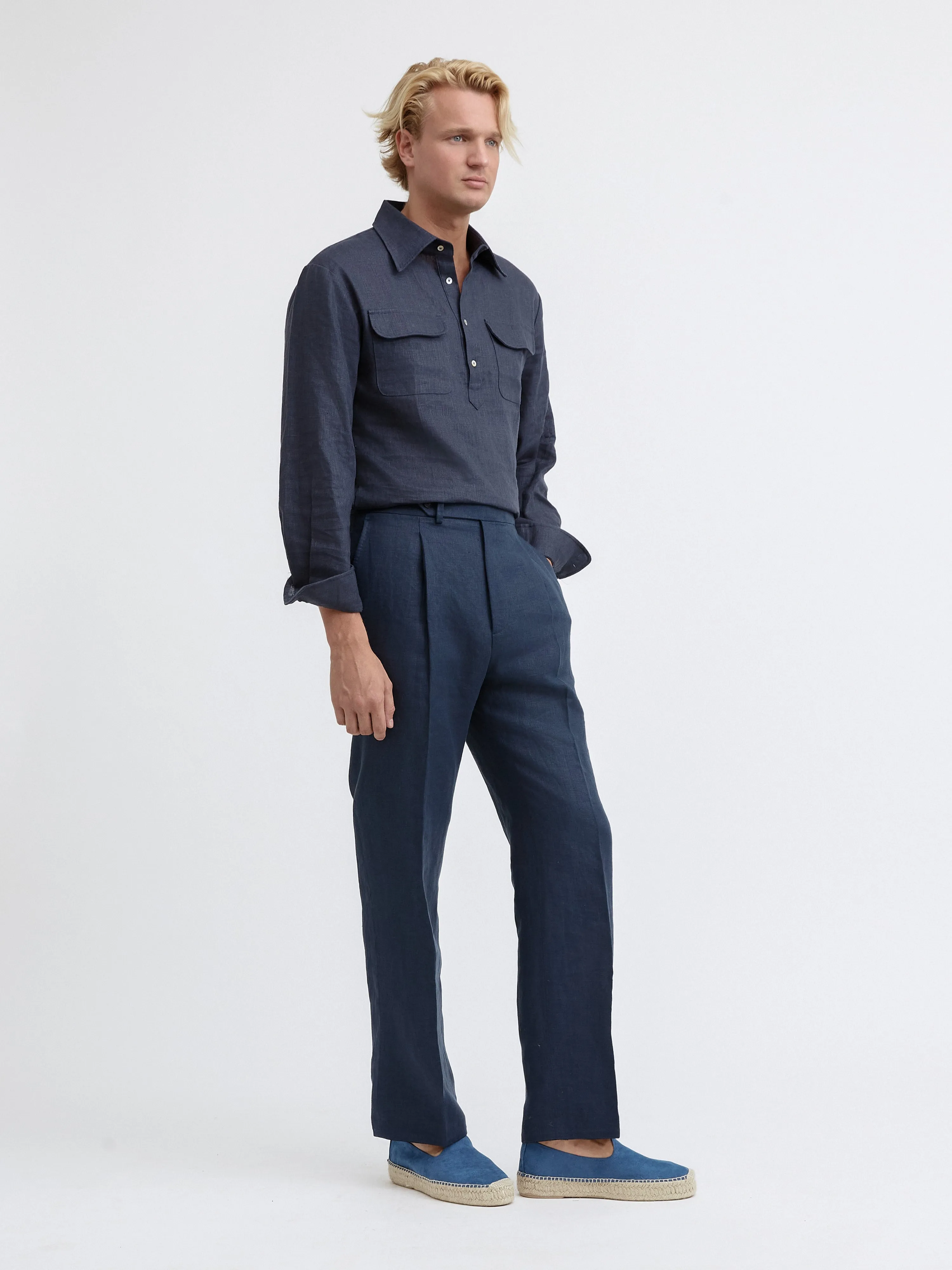 Navy Linen Oscar Trousers (Wide Fit)