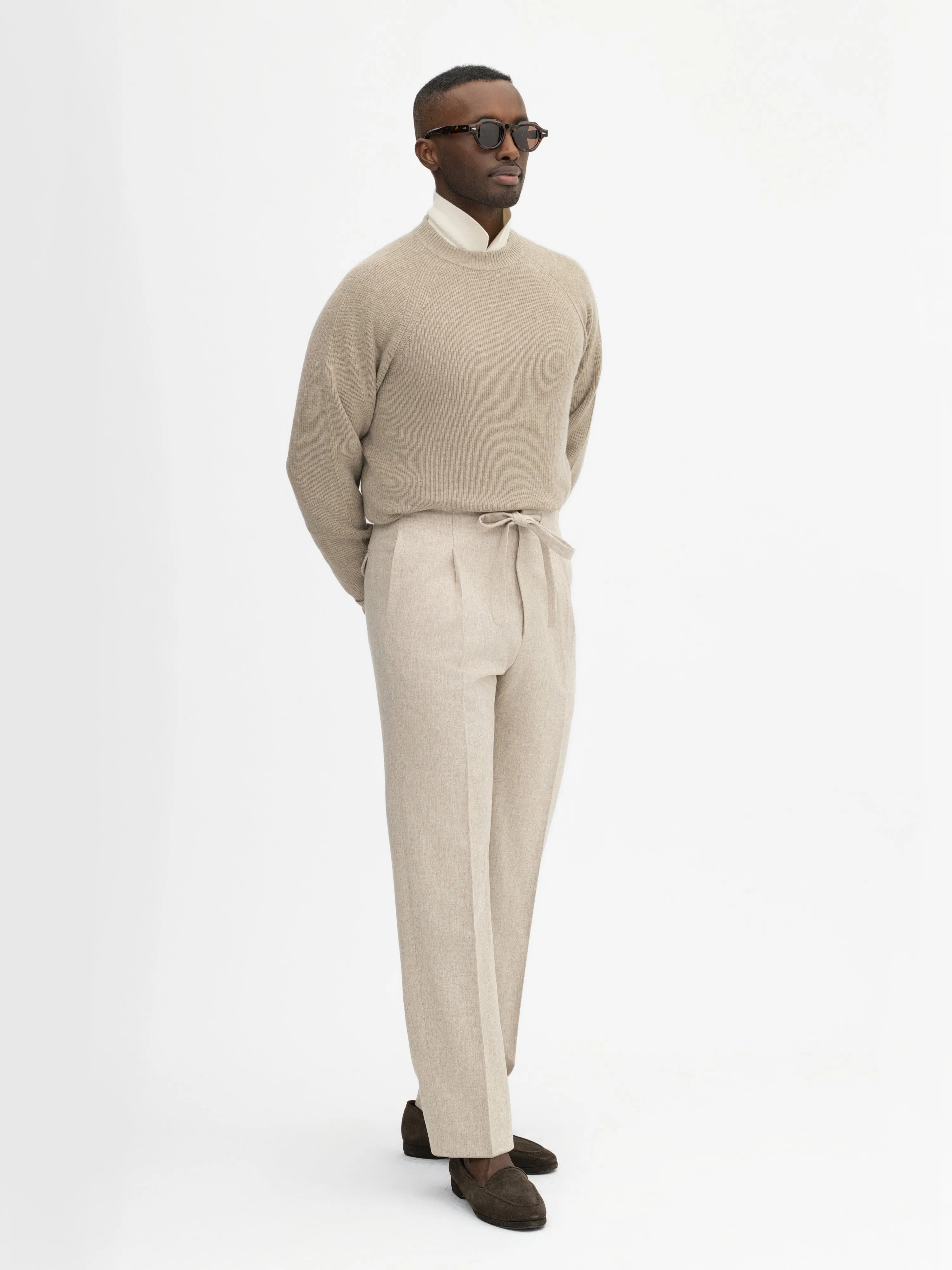 Oatmeal Flannel Wool Drawstring Trousers (Wide Fit)