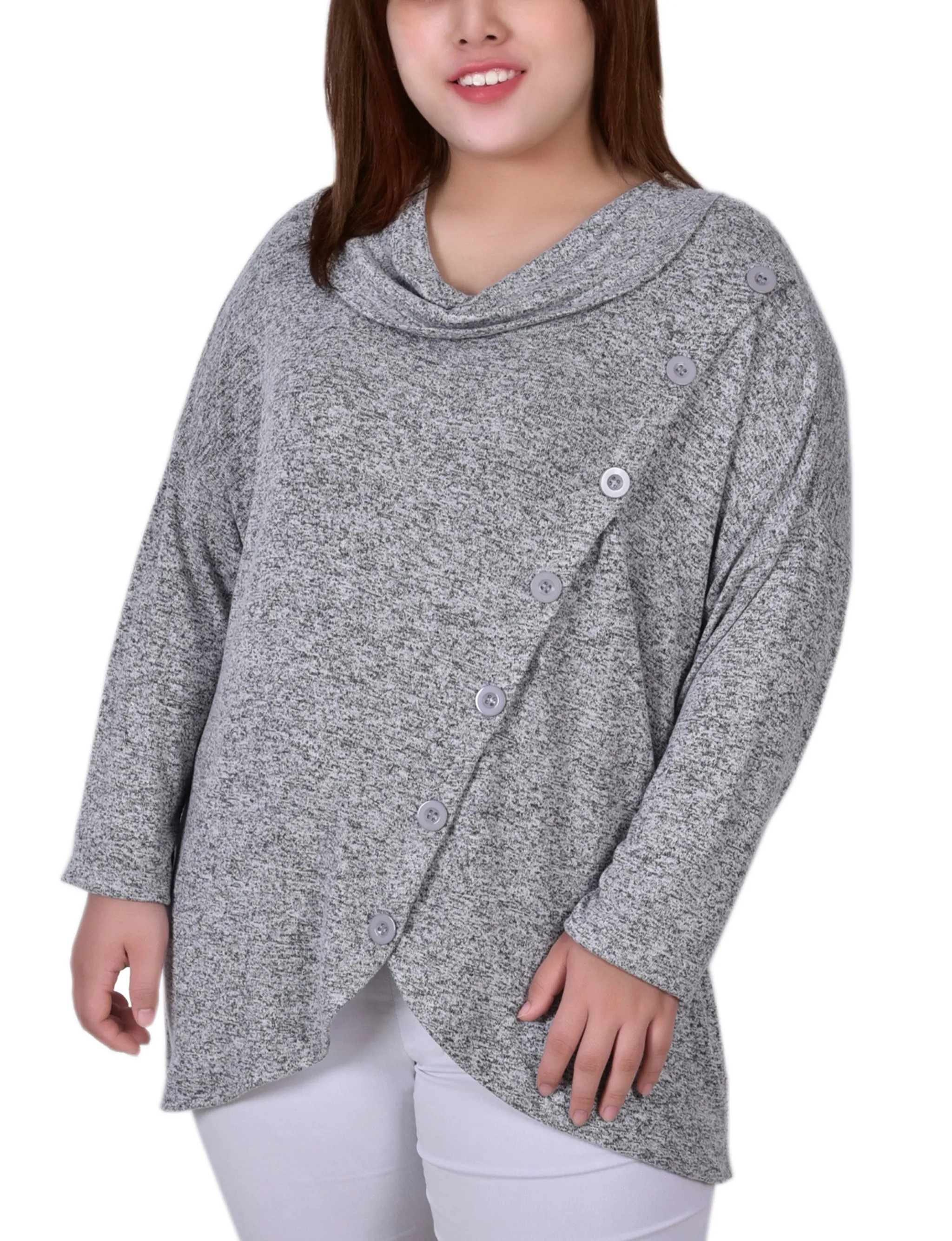 Plus Size Long Sleeve Cowl Neck Top With Button Detail