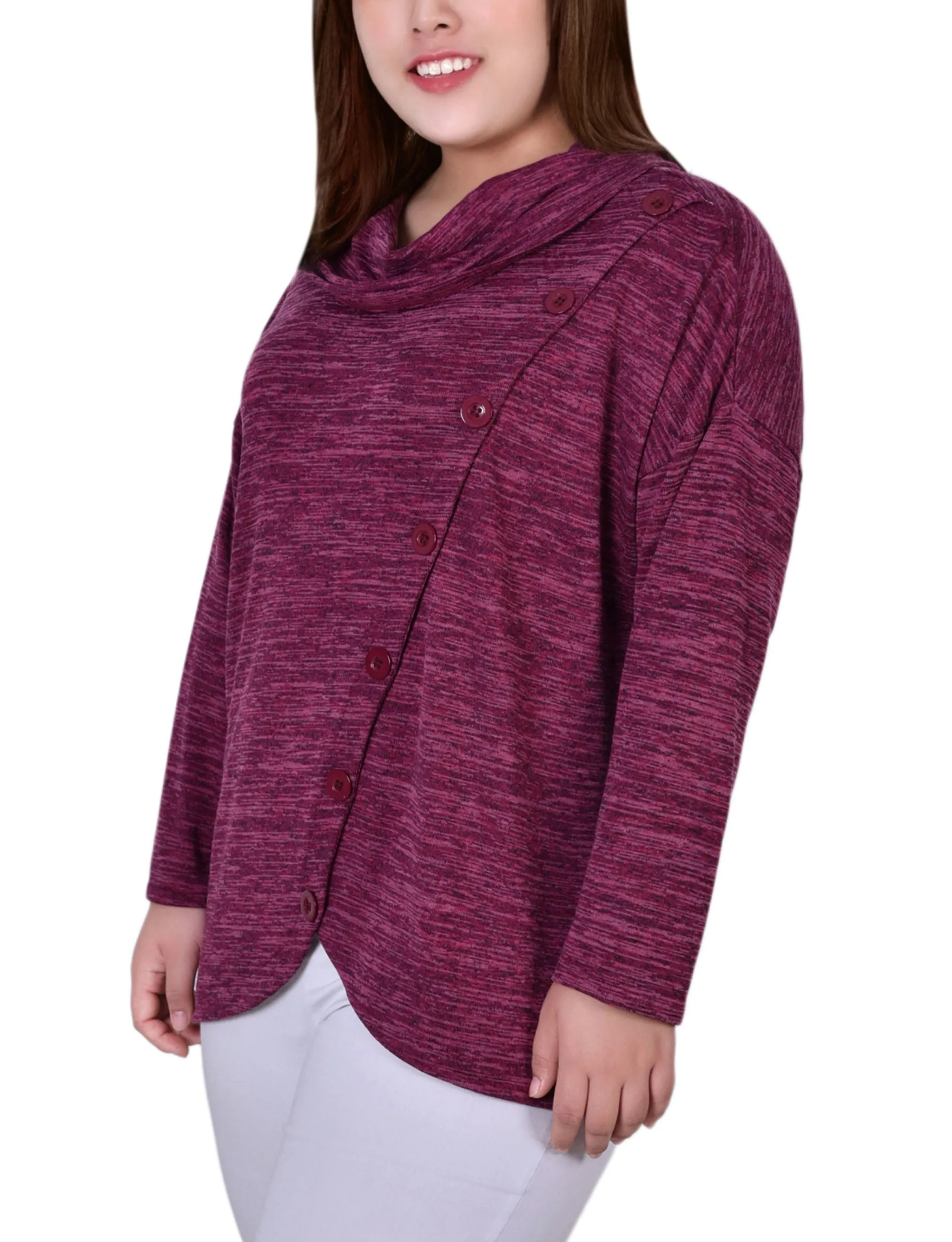 Plus Size Long Sleeve Cowl Neck Top With Button Detail