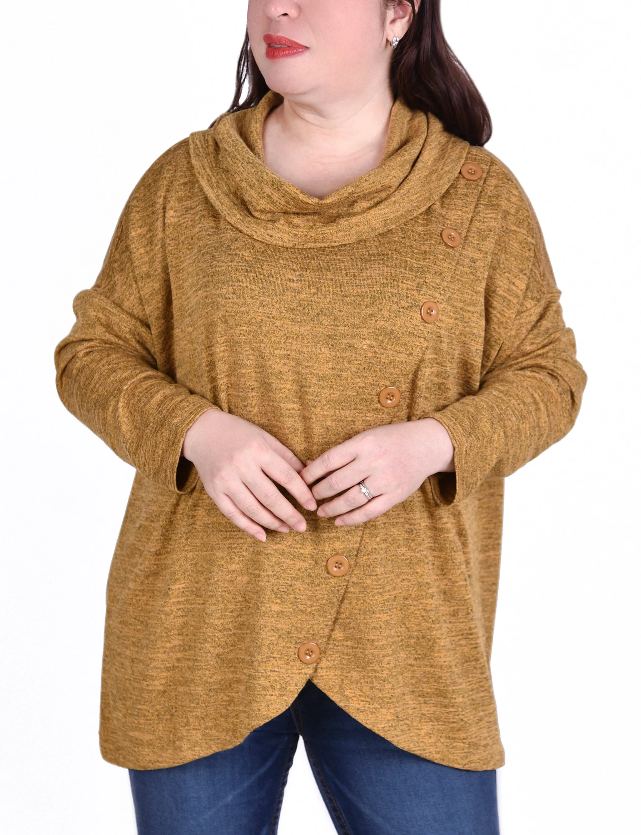 Plus Size Long Sleeve Cowl Neck Top With Button Detail