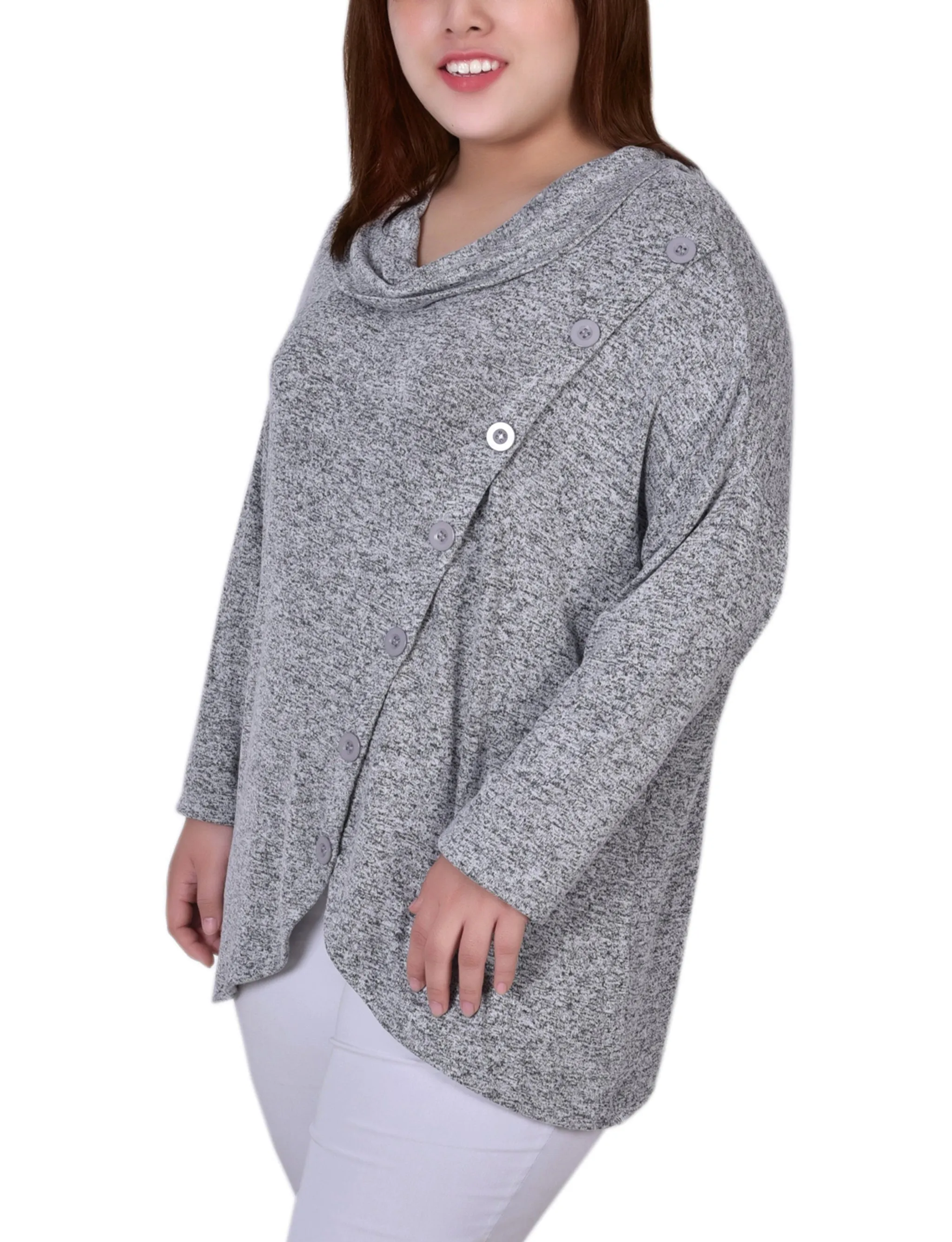 Plus Size Long Sleeve Cowl Neck Top With Button Detail