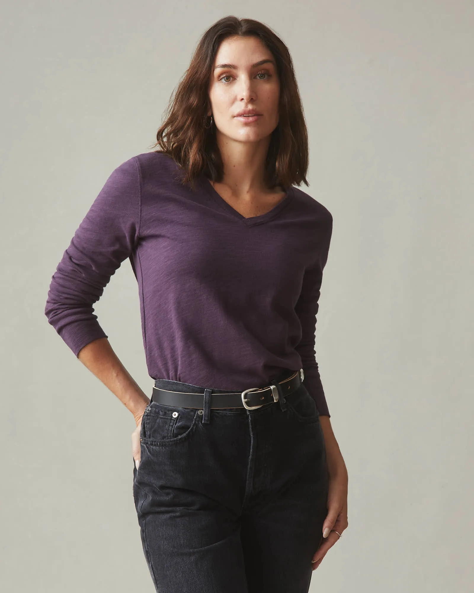 Premium Slub V-Neck Tee Long Sleeve - Grapeseed