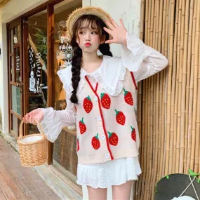 Strawberry Knitted Waistcoat&Peter Pan Collar Shirt