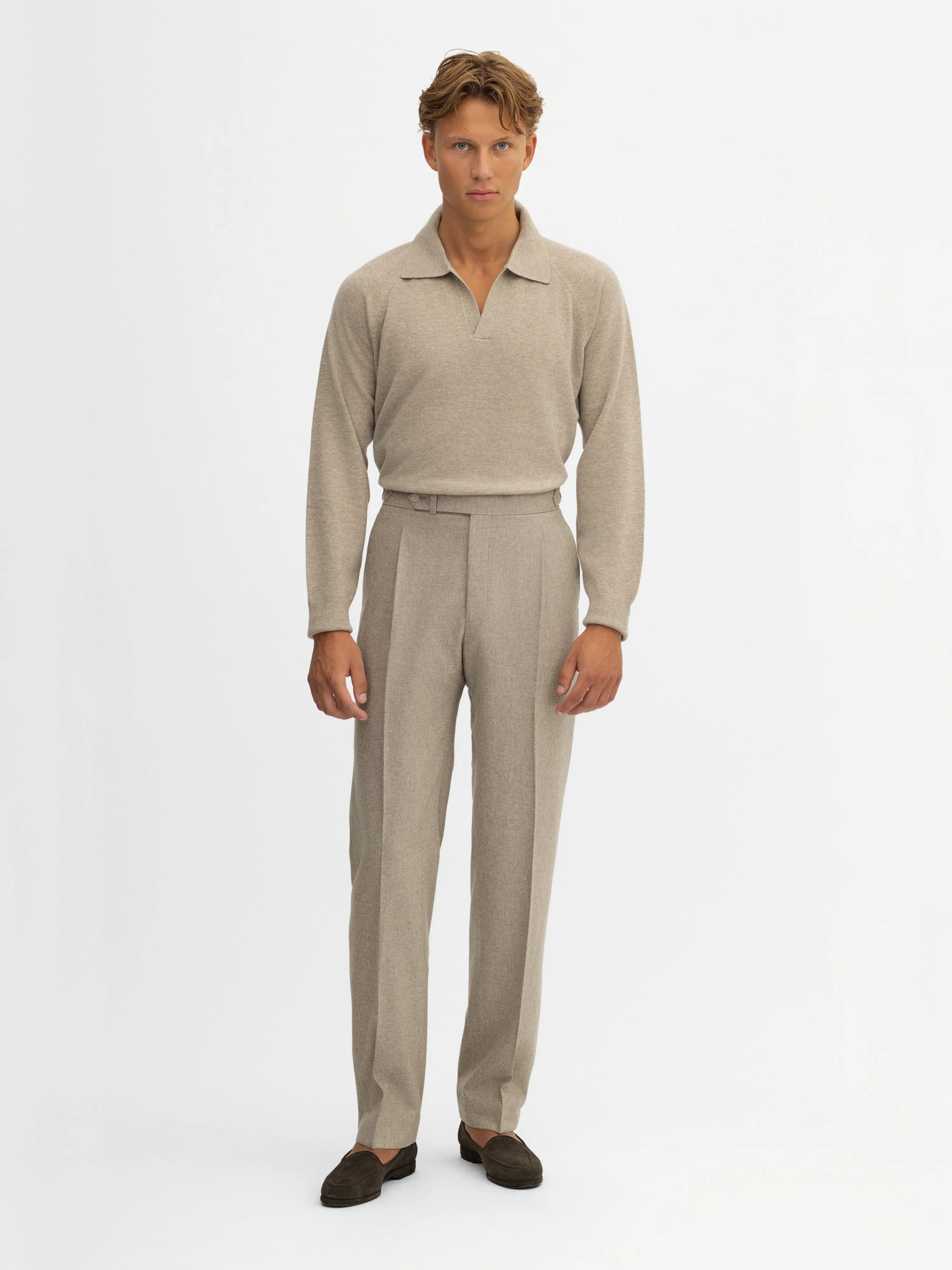 Taupe Wool Flannel Oscar Trousers (Wide Fit)