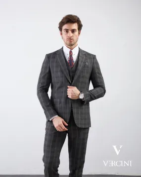 Vercini Charcoal Checkerboard Elegance Three-Piece Men's Suit