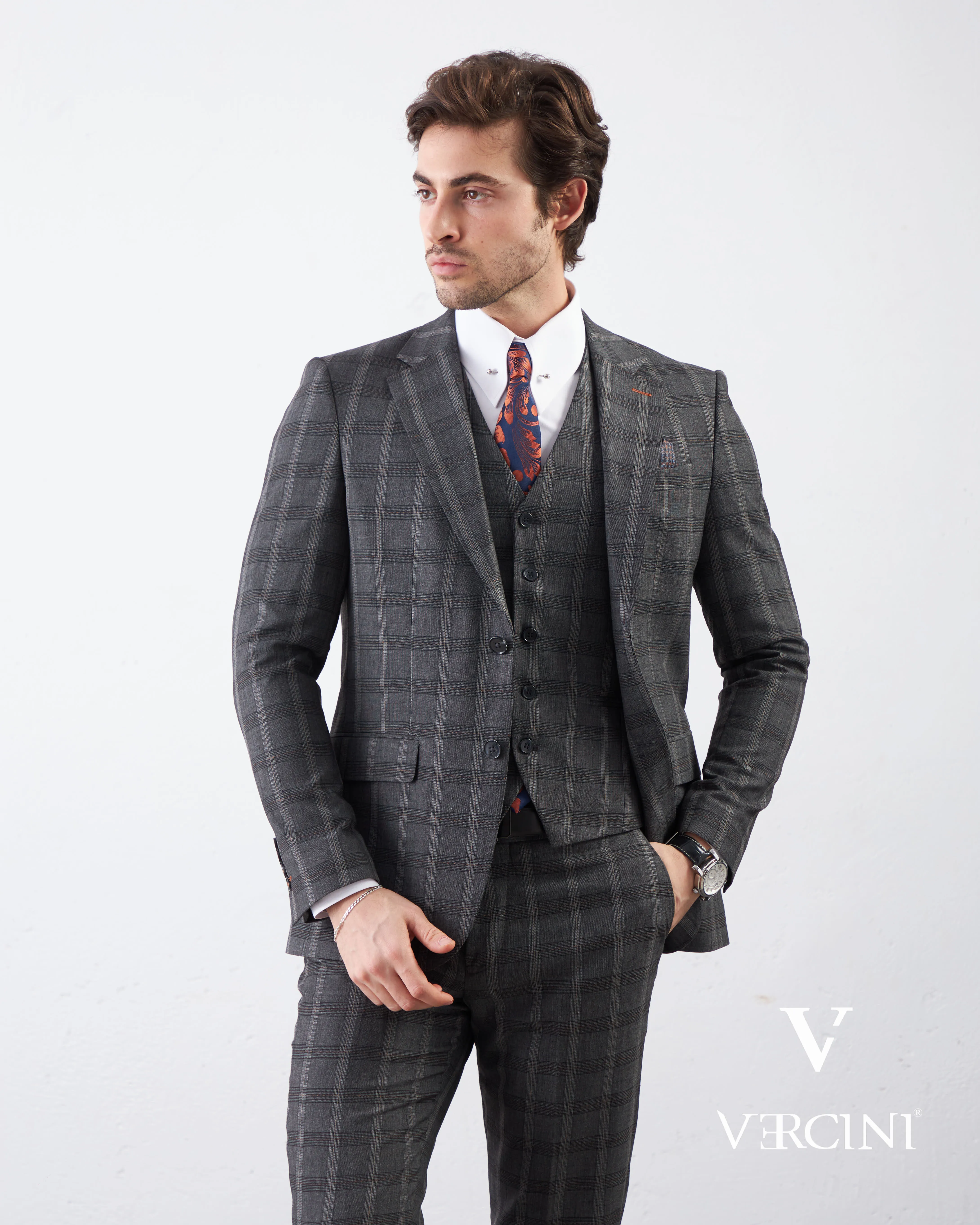 Vercini Charcoal Checkerboard Elegance Three-Piece Men's Suit