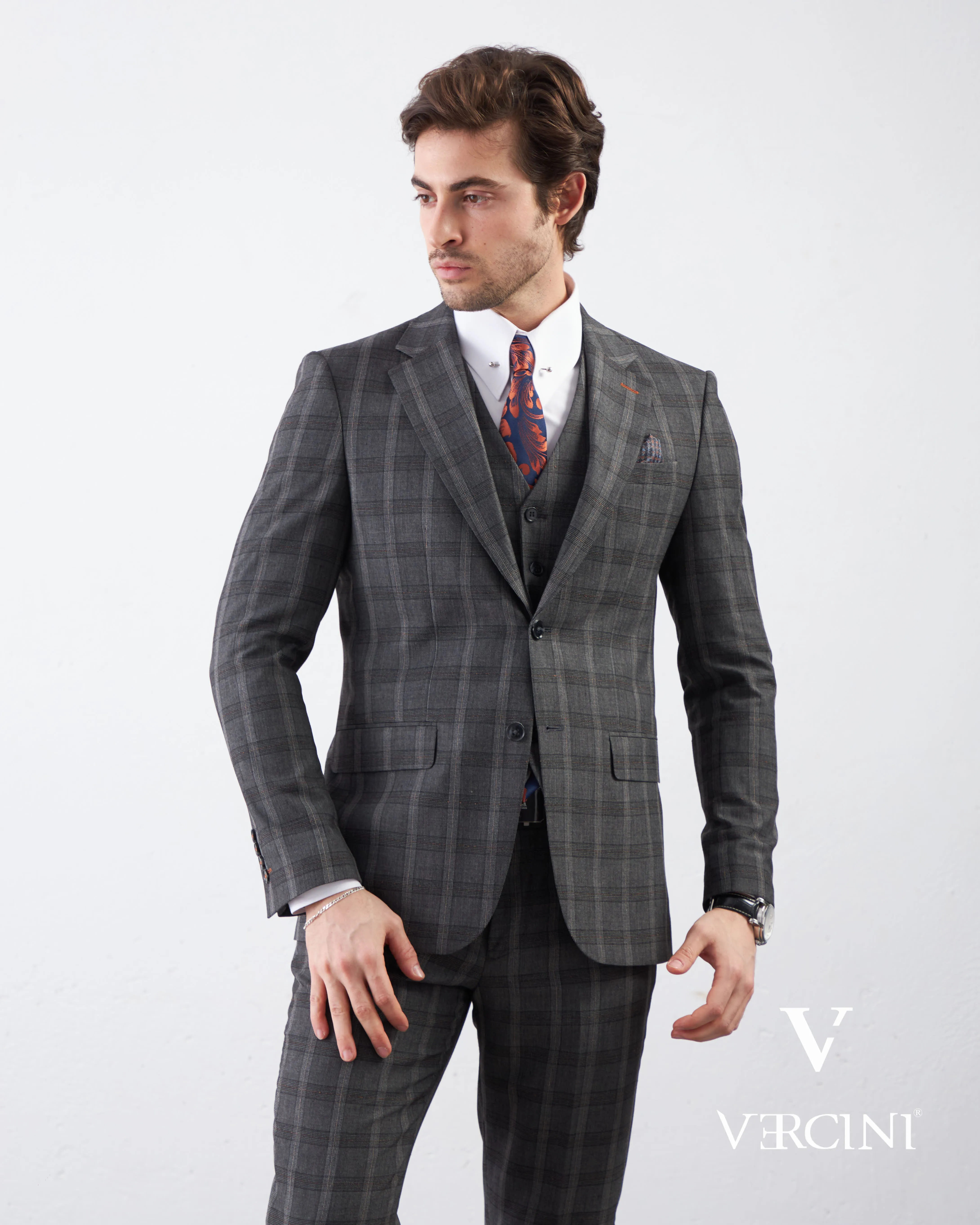 Vercini Charcoal Checkerboard Elegance Three-Piece Men's Suit