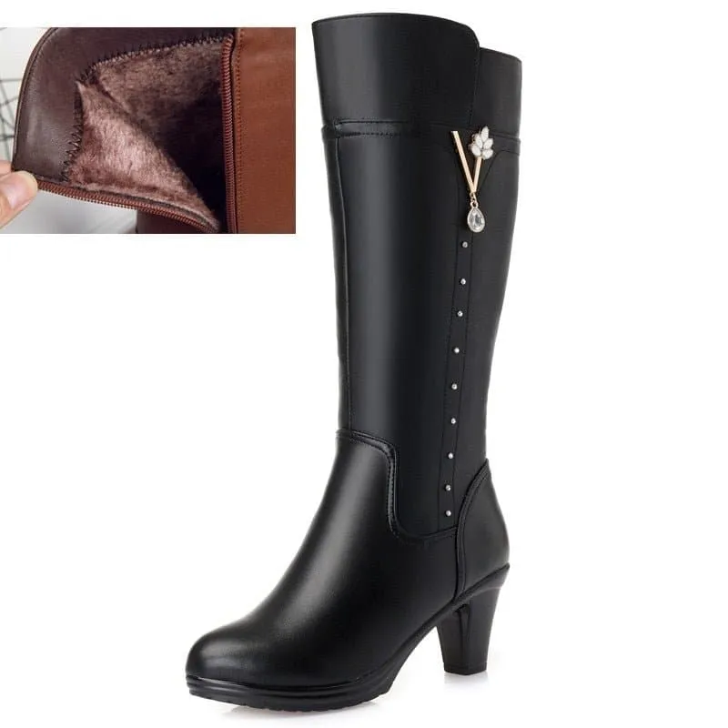 Warm High-Heeled Wool Boots with Leather Upper & Zip Closure