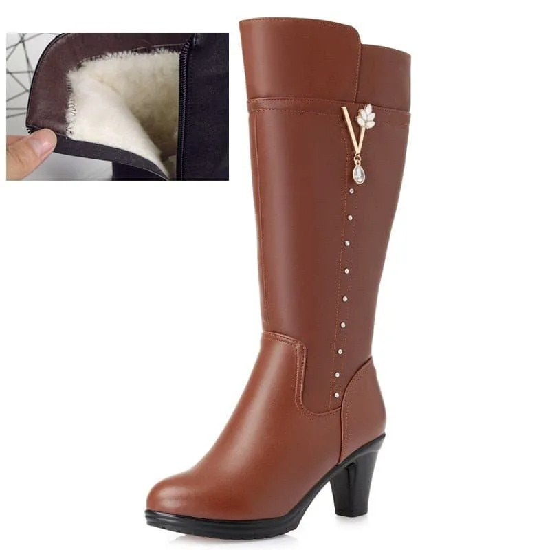 Warm High-Heeled Wool Boots with Leather Upper & Zip Closure