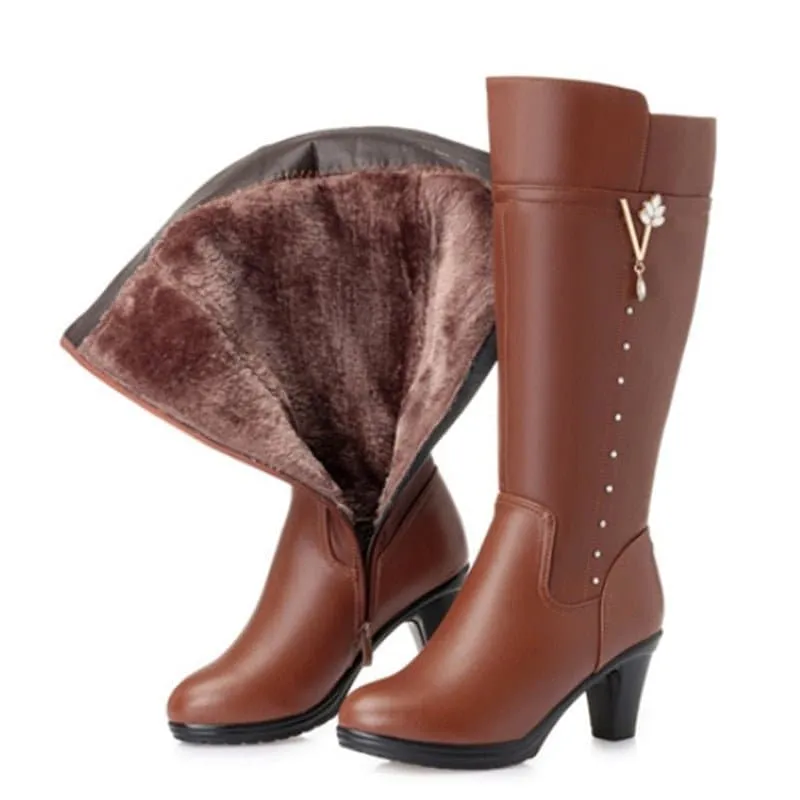 Warm High-Heeled Wool Boots with Leather Upper & Zip Closure